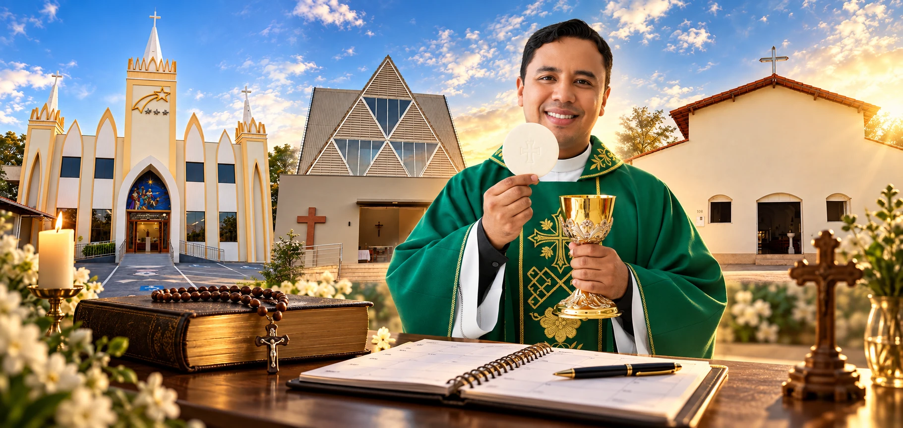 Padre Wagner celebrando a Santa Missa, com a agenda paroquial sobre a mesa