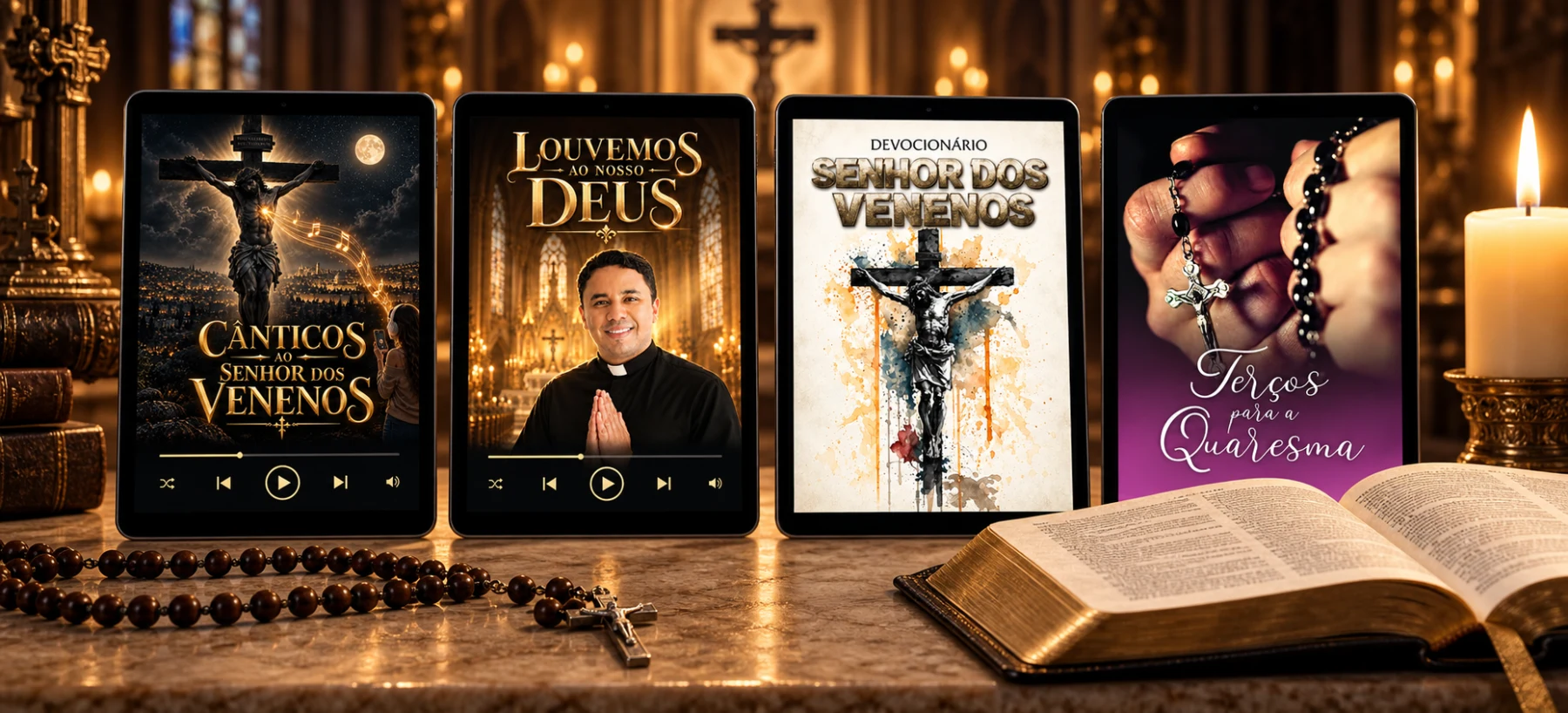 Álbuns e e-books do Padre Wagner em tablets, ao lado de uma Bíblia, um terço e uma vela